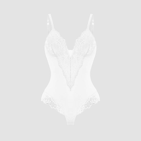 Deep-V Neck Lace Thong Bodysuit – Glowiecare